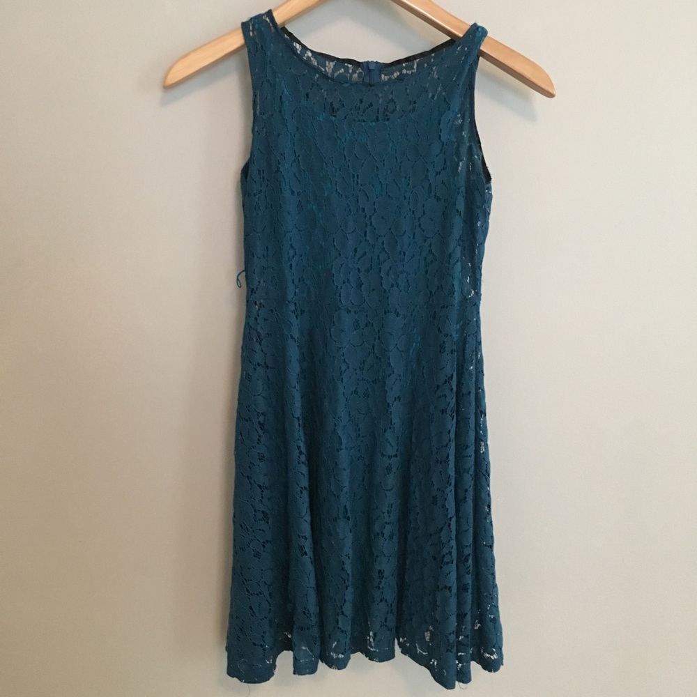 fancy blue midi dress with lace overlay